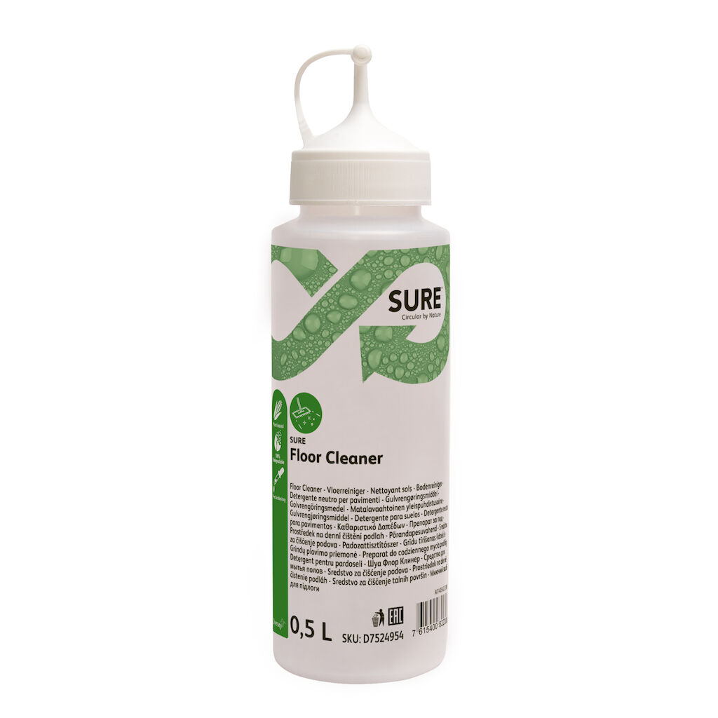SURE Floor Cleaner doseringsflaske 500 ml 6x1stk. - Med silketryk. Bruges til manuel dosering af fortyndet eller ufortyndet produkt.